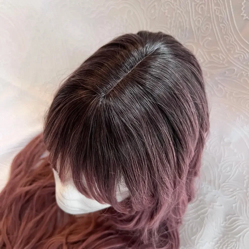 Long Wavy Rose Pink Dark Roots Ombre Balayage Everyday Cosplay Wig Trimmed bangs